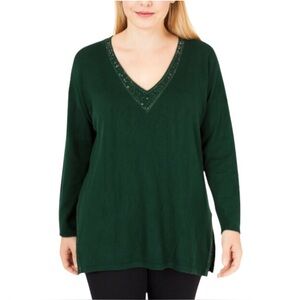 Adrienne Vittadini Size 3X Forest Green V-Neck Tunic Sweater with Embellishment